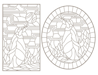 Set of outline illustrations of stained glass Windows with penguins, dark outlines on white background