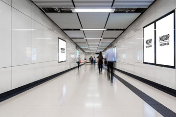 Blank billboard located in underground hall or subway for advertising, mockup concept, Low light...