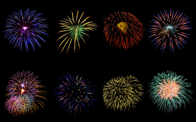 Fototapeta premium Set of variety colorful eight fireworks isolated on background