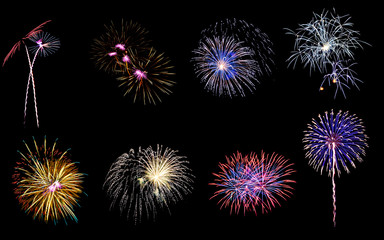 Fototapeta premium Colorful assorted fireworks isolated on a black background
