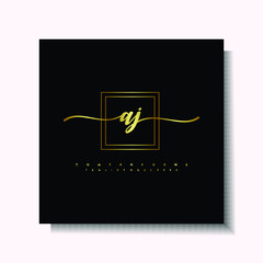 Letter handwriting A, AJ. in the box line gold colored, black background. Font and Gold Box line luxury. Vector logos for business, fashion, name cards, weddings, beauty, photography