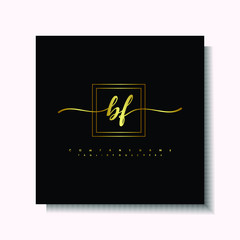 Letter handwriting B, BF. in the box line gold colored, black background. Font and Gold Box line luxury. Vector logos for business, fashion, name cards, weddings, beauty, photography