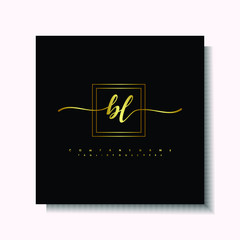 Letter handwriting B, BL. in the box line gold colored, black background. Font and Gold Box line luxury. Vector logos for business, fashion, name cards, weddings, beauty, photography