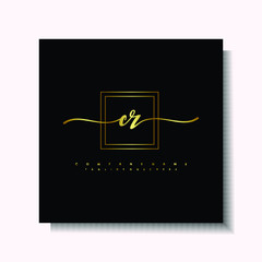 Letter handwriting C, CR. in the box line gold colored, black background. Font and Gold Box line luxury. Vector logos for business, fashion, name cards, weddings, beauty, photography