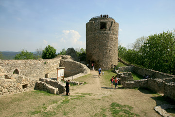 Ruins of a medieval castle. Old castle with a tower made available for tourists. Small town Wlen in Poland.