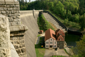 Hydroelectric power plant and dam on Bobr River in Pilchowice, Poland. Technical monument and tourist attraction. © fotokate
