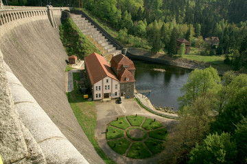 Hydroelectric power plant and dam on Bobr River in Pilchowice, Poland. Technical monument and tourist attraction. © fotokate