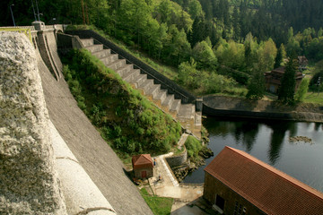 Hydroelectric power plant and dam on Bobr River in Pilchowice, Poland. Technical monument and tourist attraction. © fotokate