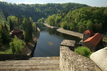 Hydroelectric power plant and dam on Bobr River in Pilchowice, Poland. Technical monument and tourist attraction. © fotokate
