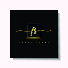 Letter handwriting F, FS in the box line gold colored, black background. Font and Gold Box line luxury. Vector logos for business, fashion, name cards, weddings, beauty, photography