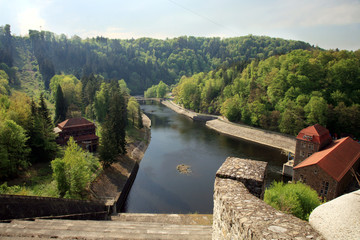 Hydroelectric power plant and dam on Bobr River in Pilchowice, Poland. Technical monument and tourist attraction. © fotokate