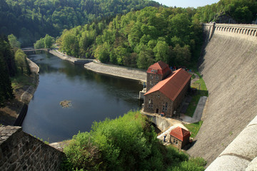 Hydroelectric power plant and dam on Bobr River in Pilchowice, Poland. Technical monument and tourist attraction. © fotokate