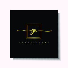 Letter handwriting G, GC in the box line gold colored, black background. Font and Gold Box line luxury. Vector logos for business, fashion, name cards, weddings, beauty, photography