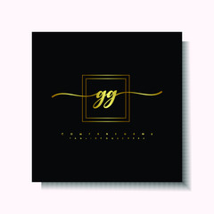 Letter handwriting G, GG in the box line gold colored, black background. Font and Gold Box line luxury. Vector logos for business, fashion, name cards, weddings, beauty, photography