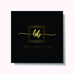 Letter handwriting H, HB in the box line gold colored, black background. Font and Gold Box line luxury. Vector logos for business, fashion, name cards, weddings, beauty, photography