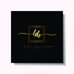Letter handwriting H, HH in the box line gold colored, black background. Font and Gold Box line luxury. Vector logos for business, fashion, name cards, weddings, beauty, photography