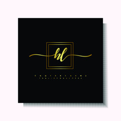 Letter handwriting H, HL in the box line gold colored, black background. Font and Gold Box line luxury. Vector logos for business, fashion, name cards, weddings, beauty, photography