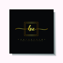 Letter handwriting H, HZ in the box line gold colored, black background. Font and Gold Box line luxury. Vector logos for business, fashion, name cards, weddings, beauty, photography