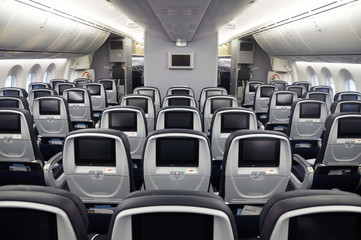 Empty commercial airplane seats viewed from the rear