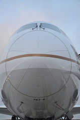 Front of a widebody commercial aircraft
