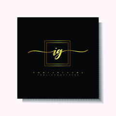 Letter handwriting I, IG in the box line gold colored, black background. Font and Gold Box line luxury. Vector logos for business, fashion, name cards, weddings, beauty, photography