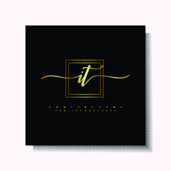 Letter handwriting I, IT in the box line gold colored, black background. Font and Gold Box line luxury. Vector logos for business, fashion, name cards, weddings, beauty, photography