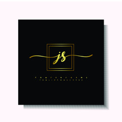 Letter handwriting J, JS in the box line gold colored, black background. Font and Gold Box line luxury. Vector logos for business, fashion, name cards, weddings, beauty, photography