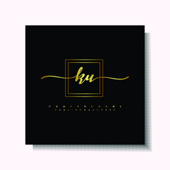 Letter handwriting K, KU in the box line gold colored, black background. Font and Gold Box line luxury. Vector logos for business, fashion, name cards, weddings, beauty, photography