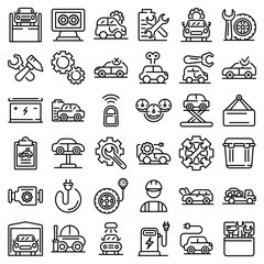 Electric vehicle repair icons set. Outline set of electric vehicle repair vector icons for web design isolated on white background