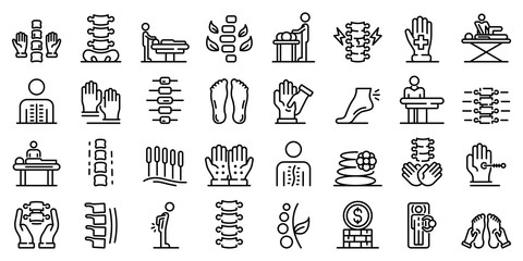 Osteopathy icons set. Outline set of osteopathy vector icons for web design isolated on white background