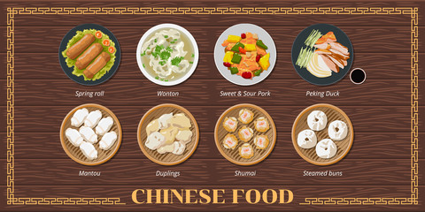 Spring Rolls ,wonton soup,sweet sour pork,peking duck,dim sum,mantou,dumplings,shumai,steamed bun chinese food menu set collection vector graphic design