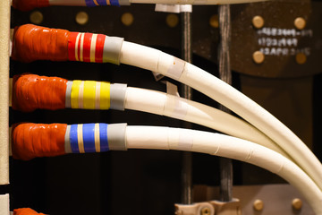 Color coded white aircraft electrical cables - obrazy, fototapety, plakaty