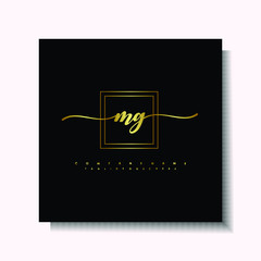 Letter handwriting M, MG in the box line gold colored, black background. Font and Gold Box line luxury. Vector logos for business, fashion, name cards, weddings, beauty, photography