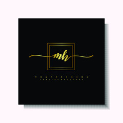 Letter handwriting M, MH in the box line gold colored, black background. Font and Gold Box line luxury. Vector logos for business, fashion, name cards, weddings, beauty, photography