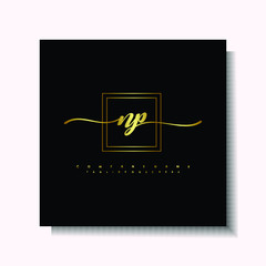 Letter handwriting N, NP in the box line gold colored, black background. Font and Gold Box line luxury. Vector logos for business, fashion, name cards, weddings, beauty, photography