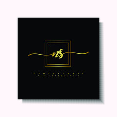 Letter handwriting N, NS in the box line gold colored, black background. Font and Gold Box line luxury. Vector logos for business, fashion, name cards, weddings, beauty, photography