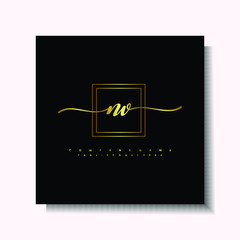Letter handwriting N, NV in the box line gold colored, black background. Font and Gold Box line luxury. Vector logos for business, fashion, name cards, weddings, beauty, photography