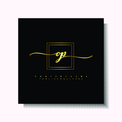 Letter handwriting O, OP in the box line gold colored, black background. Font and Gold Box line luxury. Vector logos for business, fashion, name cards, weddings, beauty, photography