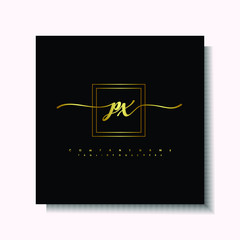 Letter handwriting P, PX in the box line gold colored, black background. Font and Gold Box line luxury. Vector logos for business, fashion, name cards, weddings, beauty, photography