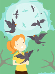 Girl Birds Rehabilitation Free Illustration