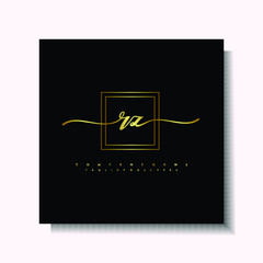 Letter handwriting R, RZ in the box line gold colored, black background. Font and Gold Box line luxury. Vector logos for business, fashion, name cards, weddings, beauty, photography