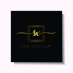 Letter handwriting S, SX in the box line gold colored, black background. Font and Gold Box line luxury. Vector logos for business, fashion, name cards, weddings, beauty, photography