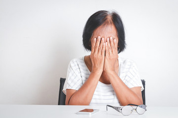 Asian elderly women have stress Feeling very worried about problems with retirement life. White background