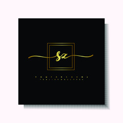 Letter handwriting S, SZ in the box line gold colored, black background. Font and Gold Box line luxury. Vector logos for business, fashion, name cards, weddings, beauty, photography