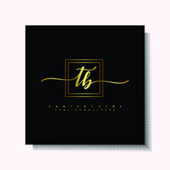 Letter handwriting T, TB in the box line gold colored, black background. Font and Gold Box line luxury. Vector logos for business, fashion, name cards, weddings, beauty, photography