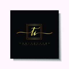 Letter handwriting T, TI. in the box line gold colored, black background. Font and Gold Box line luxury. Vector logos for business, fashion, name cards, weddings, beauty, photography