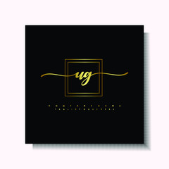 Letter handwriting U, UG. in the box line gold colored, black background. Font and Gold Box line luxury. Vector logos for business, fashion, name cards, weddings, beauty, photography