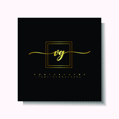 Letter handwriting V, VG. in the box line gold colored, black background. Font and Gold Box line luxury. Vector logos for business, fashion, name cards, weddings, beauty, photography