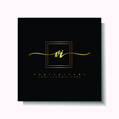 Letter handwriting V, VI. in the box line gold colored, black background. Font and Gold Box line luxury. Vector logos for business, fashion, name cards, weddings, beauty, photography