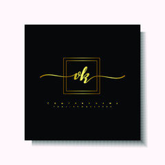 Letter handwriting V, VK. in the box line gold colored, black background. Font and Gold Box line luxury. Vector logos for business, fashion, name cards, weddings, beauty, photography